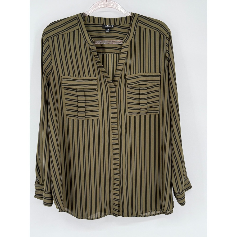 ANA a New Approach Sz PXL Olive Green Black Striped Long Sleeve Blouse